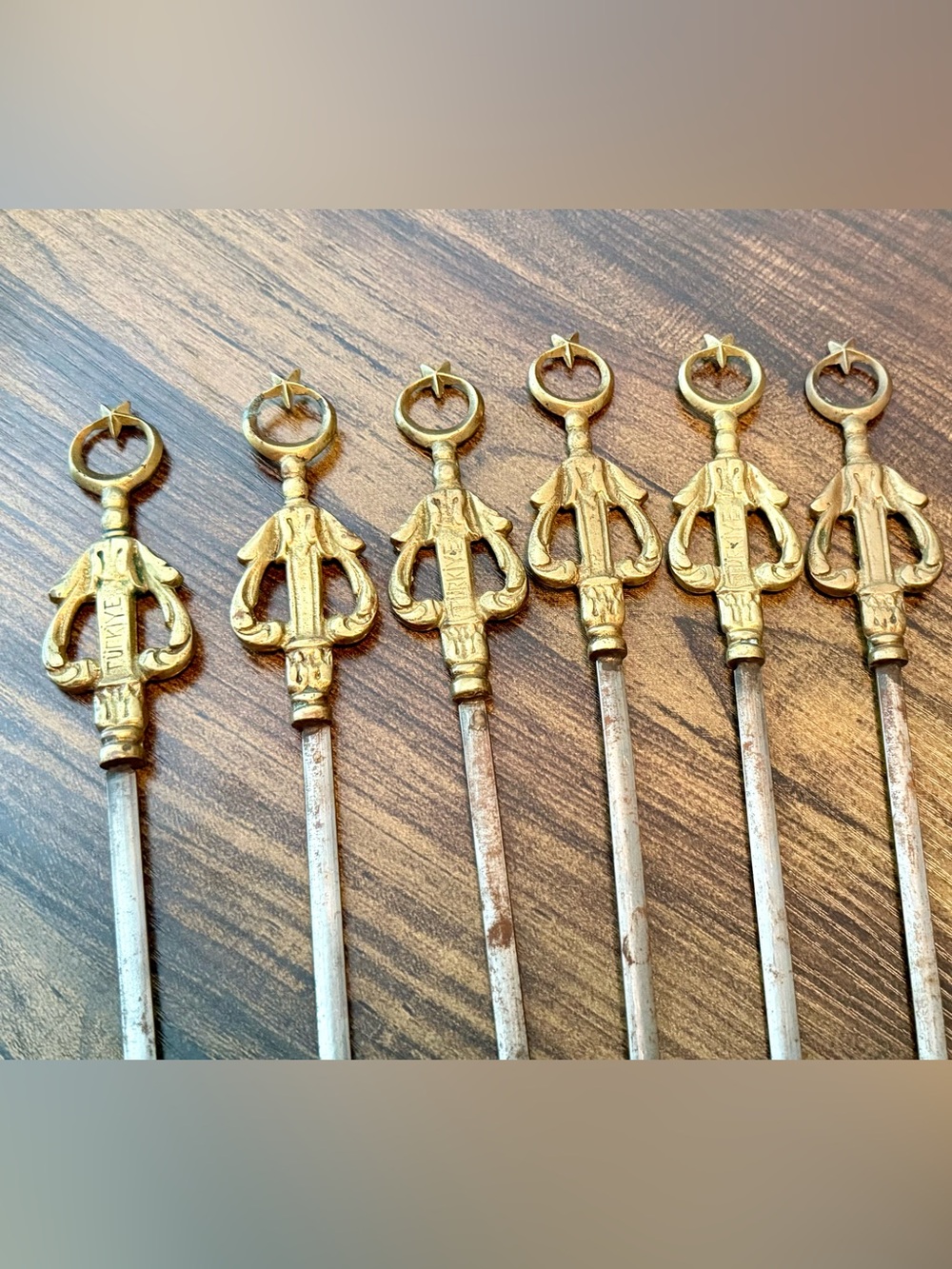 6 Turkish Brass Handle Shish Kebab Skewers 19” Star Sword 50s MCM Made In Turkey